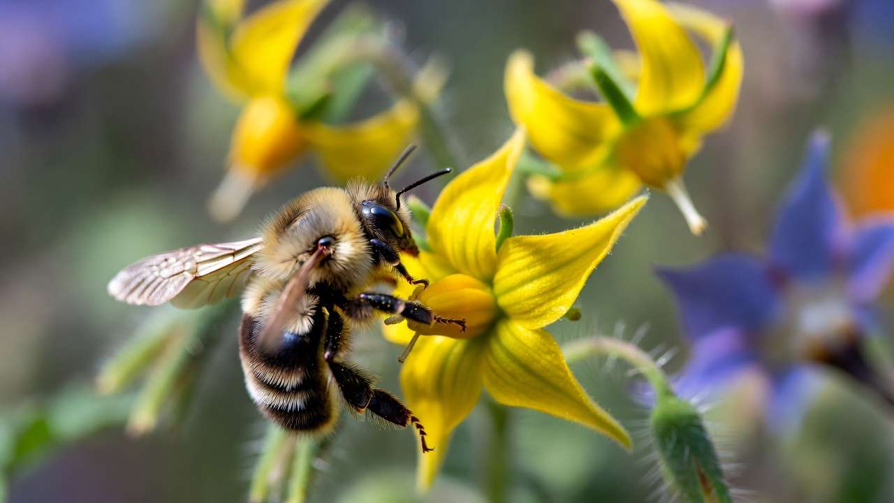 Bumblebee buzz pollinating tomato flower with borage and marigold companions in garden