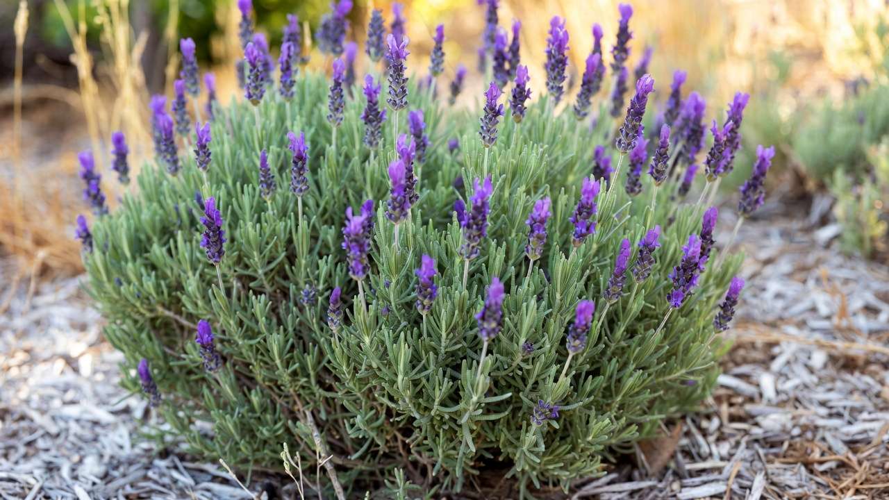 Well-pruned lavender bush showing improved airflow and compact shape in drought-tolerant garden