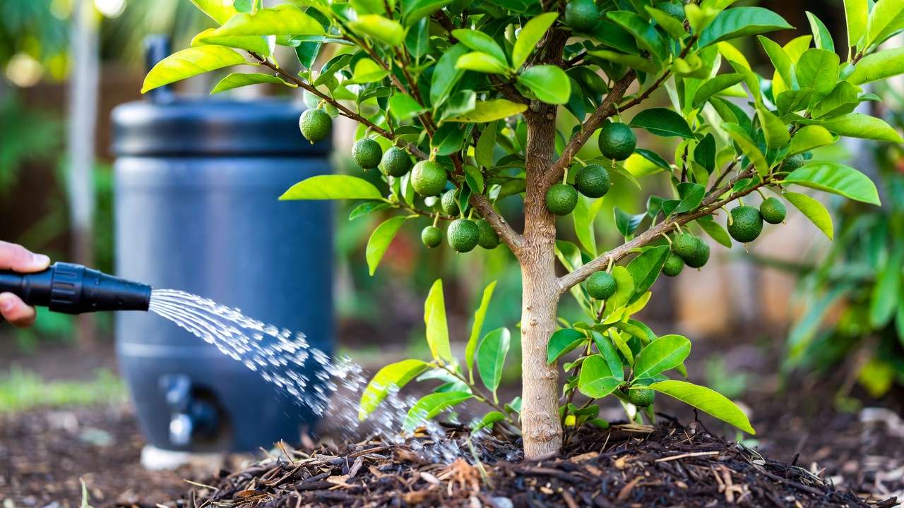 Healthy fruit tree thriving with rainwater irrigation in garden