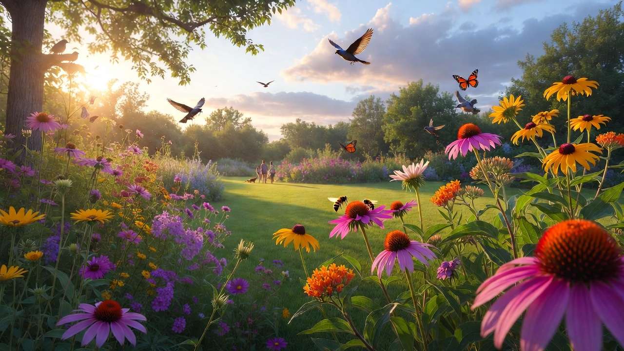 Healthy eco-friendly backyard with bees, butterflies, birds and family enjoying a pesticide-reduced garden