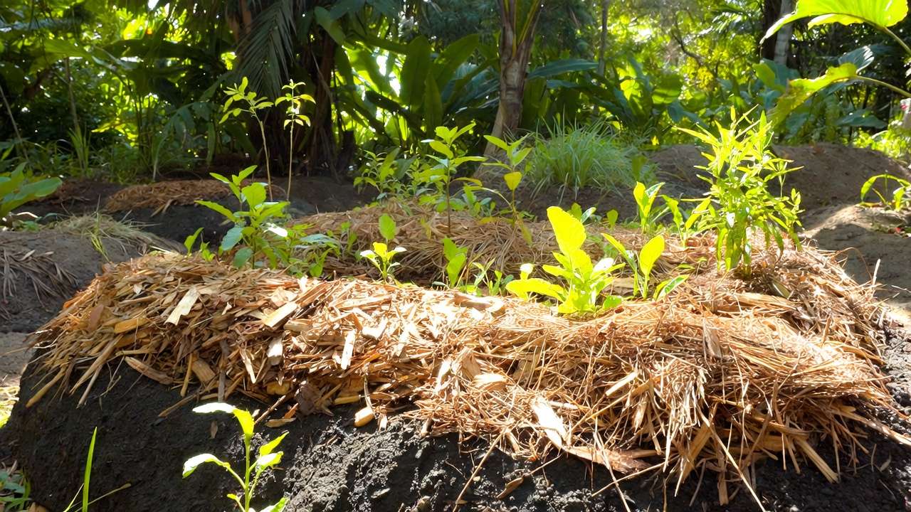 No-till garden bed with thick organic mulch layer supporting healthy plant growth in sustainable gardening