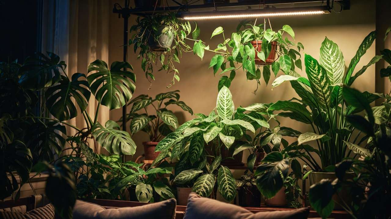 Cozy living room with thriving houseplants under soft full-spectrum LED lighting for mood enhancement and growth