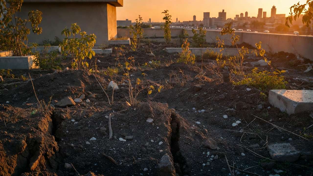 Compacted and degraded urban soil with struggling plants against city skyline background