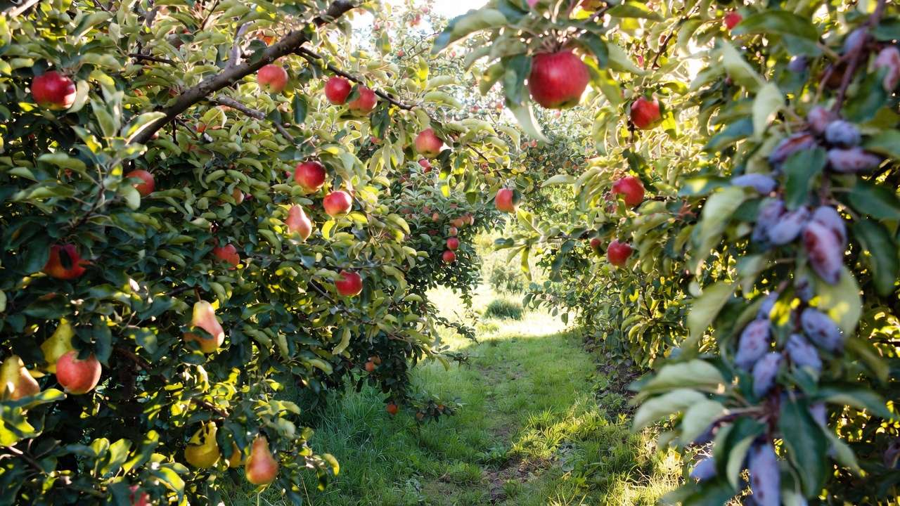 Healthy fruit orchard with ripe apples pears and plums on trees ready for harvest