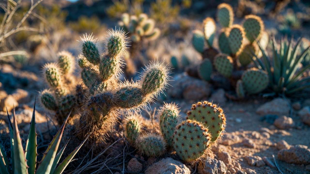 Thorny native desert plants like cholla, prickly pear, and agave highlighting safety concerns in landscaping