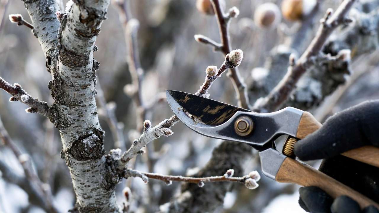 Winter pruning of dormant fruit tree branch with hand shears in snowy orchard