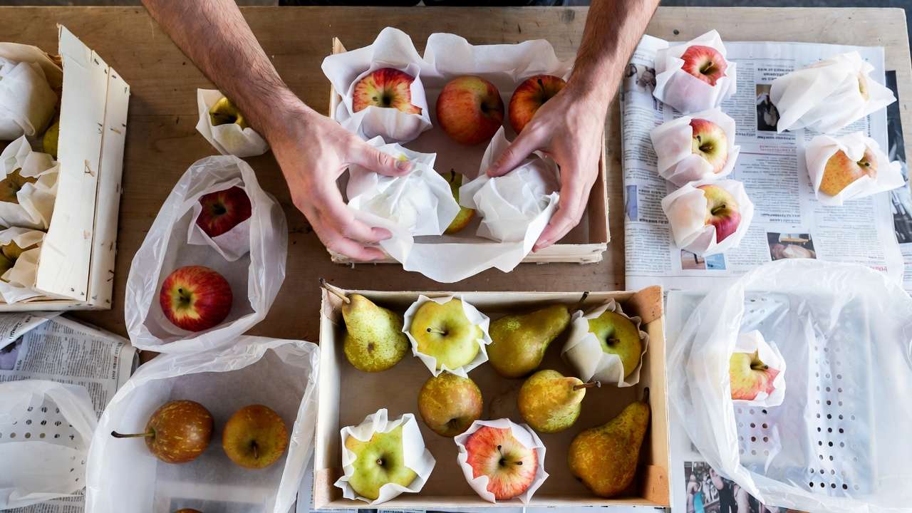 Hands wrapping apples and pears in tissue paper for root cellar storage to prevent spoilage