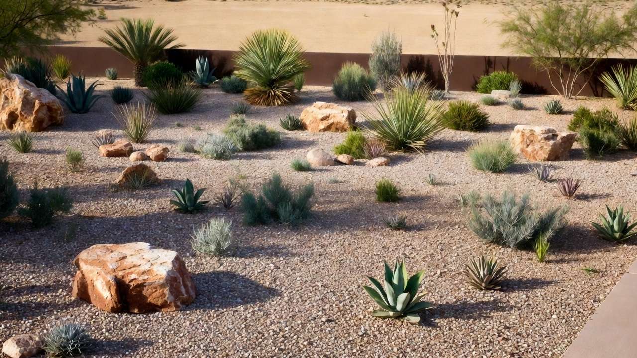 Modern xeriscape landscape with gravel, rocks, and drought-tolerant succulent
