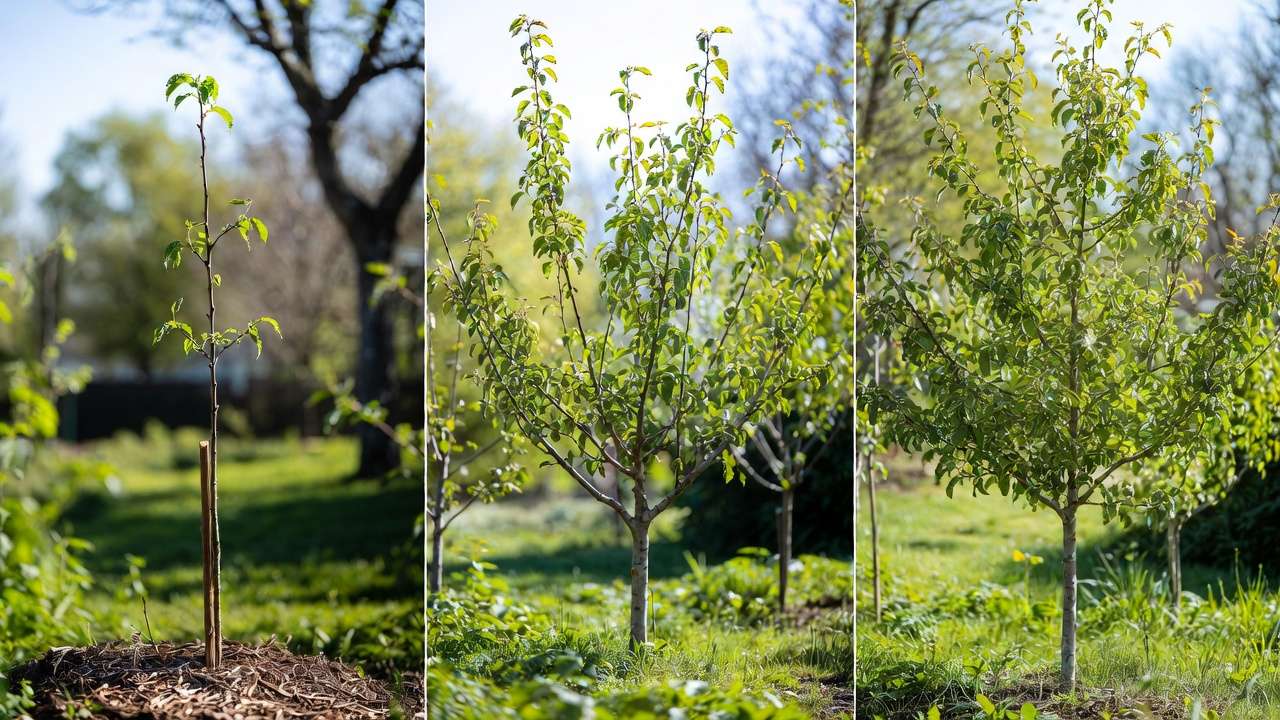Before and after stages of young fruit tree pruning showing scaffold branch development over years