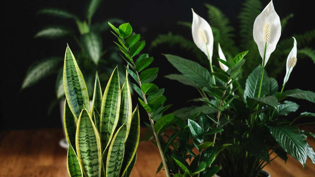 Close-up of calming houseplants including snake plant, ZZ plant, peace lily, and fern for stress-relieving green décor