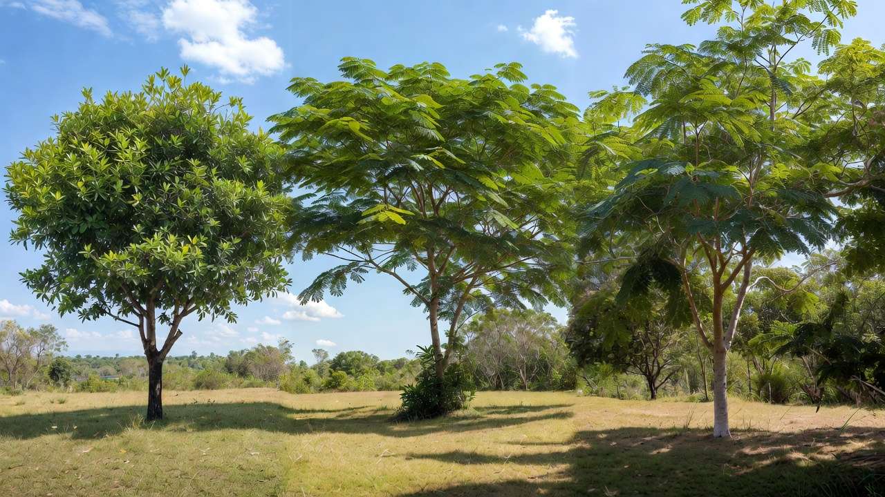 Side-by-side comparison of drought-tolerant shade trees with different canopies in a tropical yard