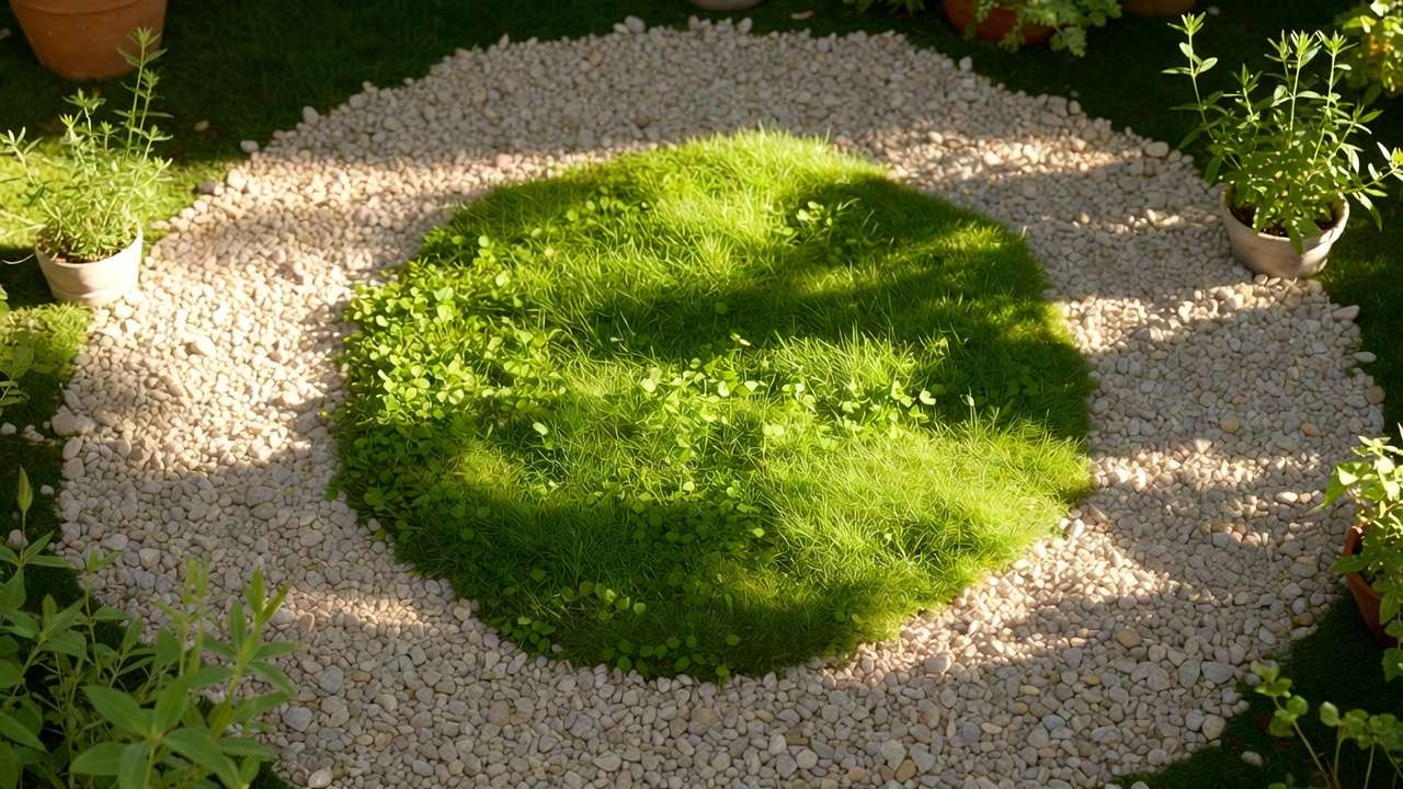 Micro-lawn of green clover grass in small garden bordered by gravel for minimal space.