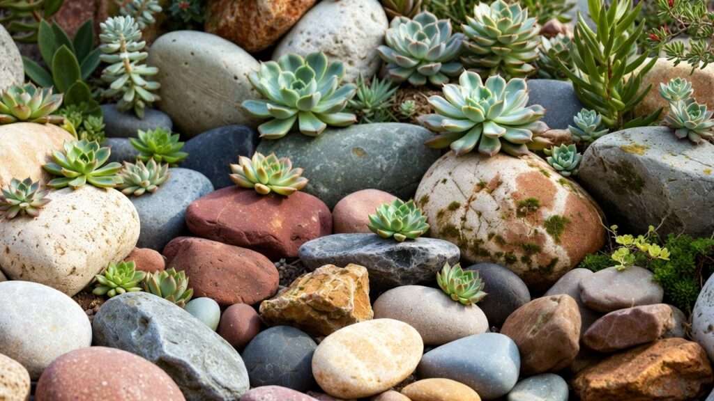 combining decorative stones and succulents