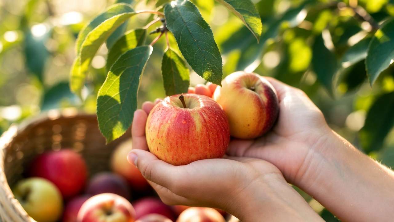 Bumper harvest of perfect organic apples and peaches from a home orchard after successful natural and organic pest control