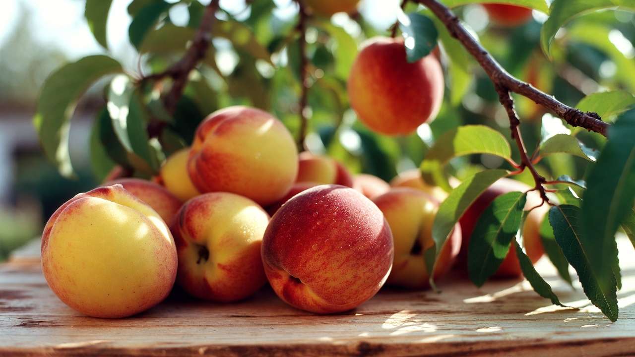 Close-up of fresh juicy yellow freestone peaches from backyard tre