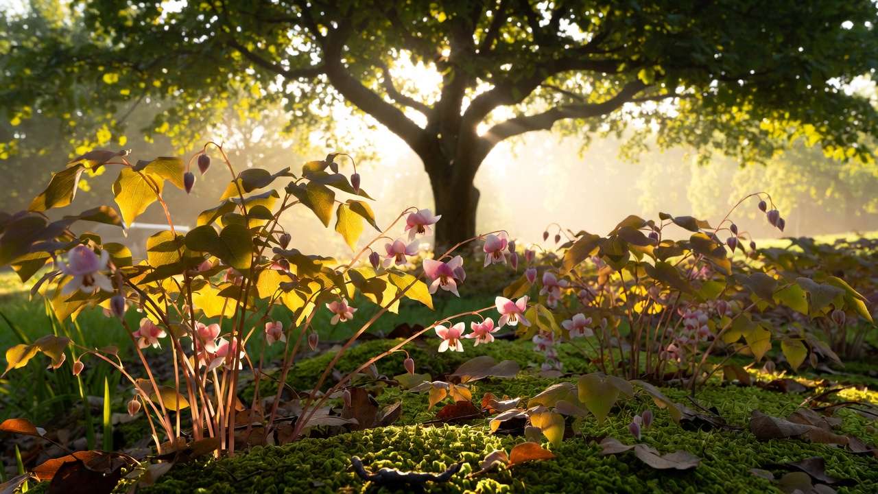 Close-up of Epimedium barrenwort thriving in dry shade under trees with delicate spring flowers