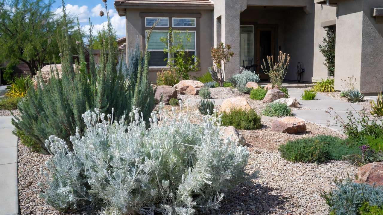 Low-maintenance xeriscape landscape with drought-tolerant evergreen shrubs and gravel mulch for curb appeal.