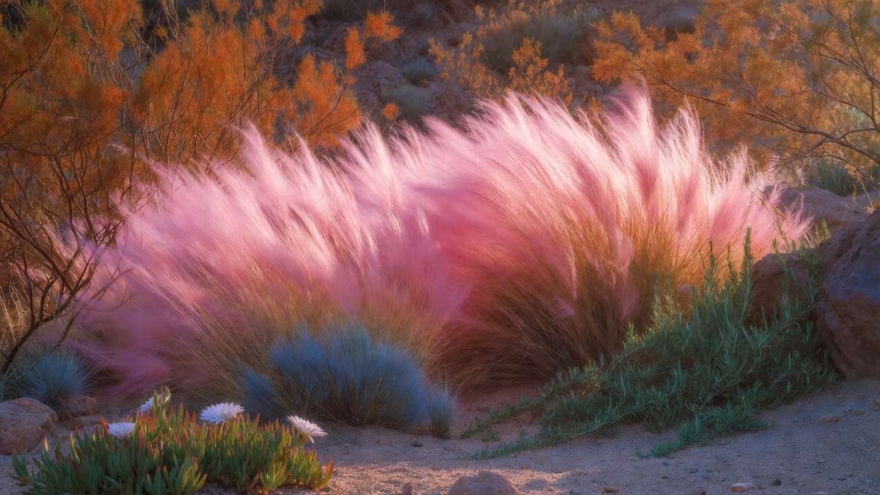 Pink muhly grass and blue fescue creating soft texture in a drought-tolerant hot climate landscape