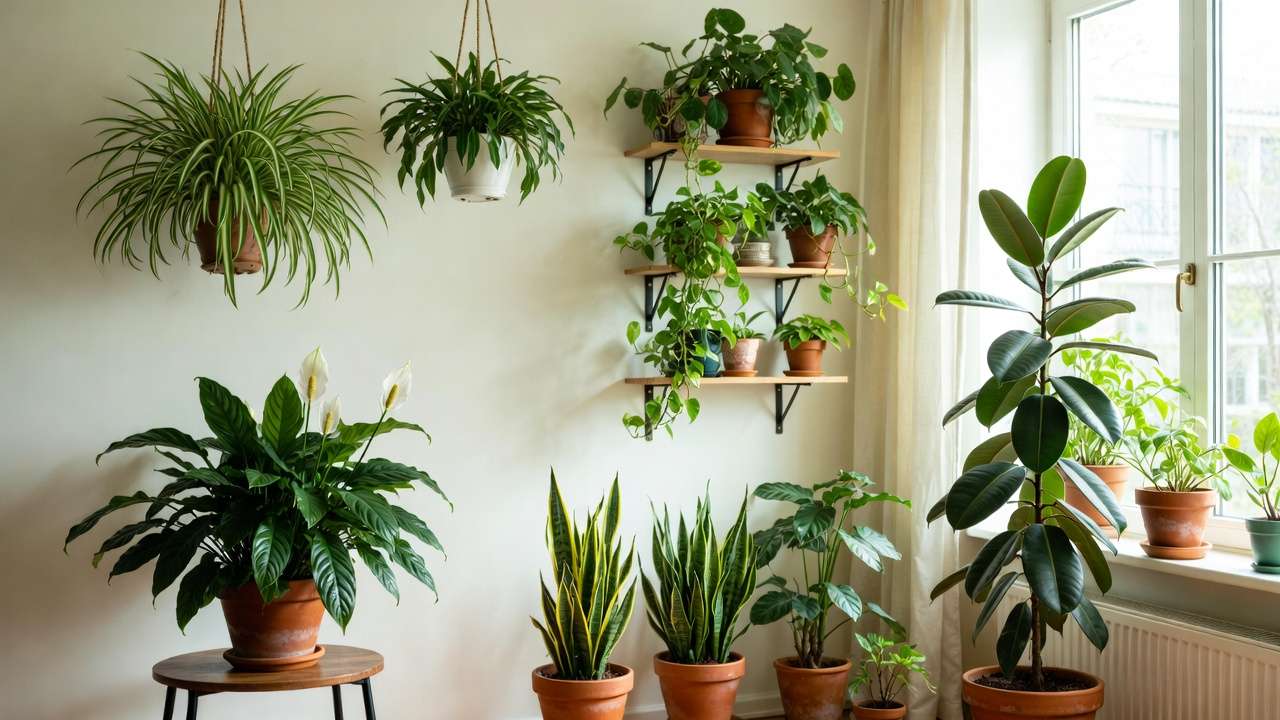 Group of top air-purifying houseplants like spider plant, peace lily, and snake plant in a modern home interior for removing formaldehyde