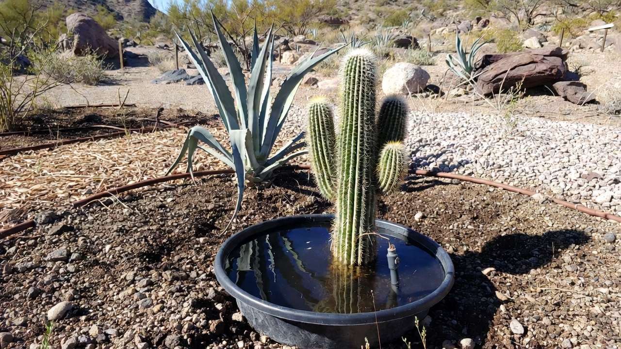 Young native desert plants receiving deep establishment watering with gravel mulch in xeriscape garden