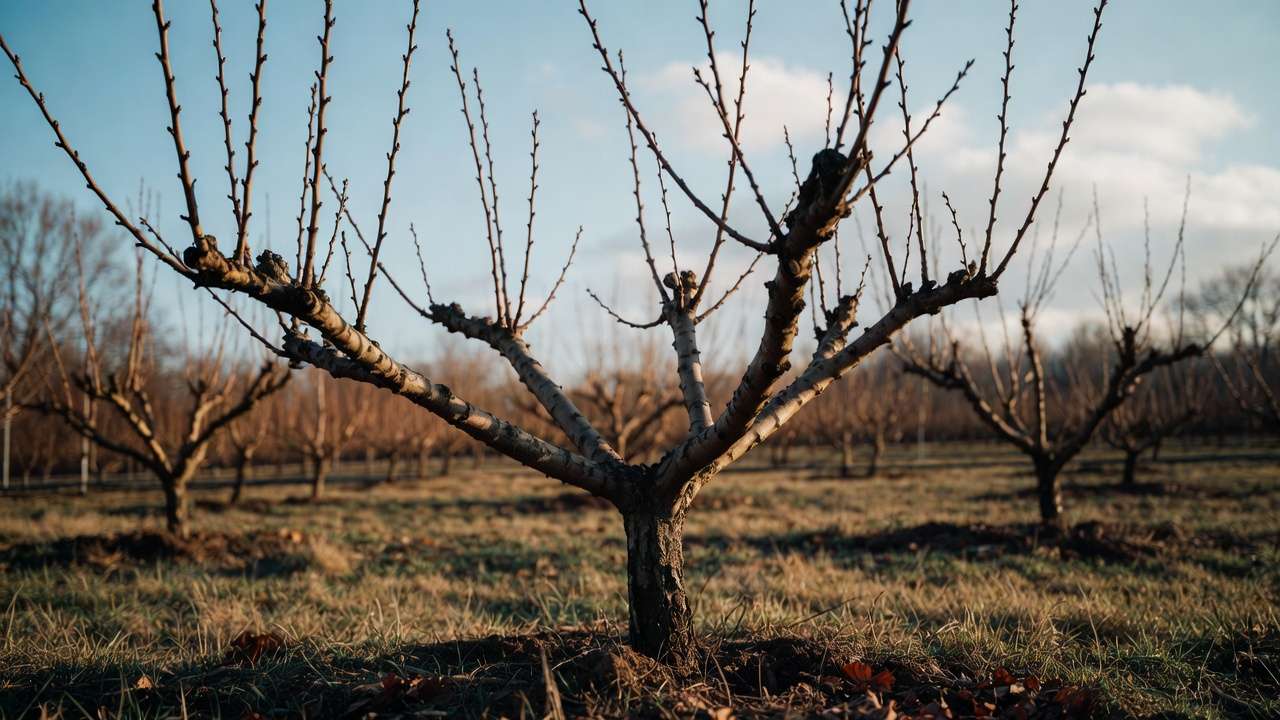 Young peach tree trained in open vase pruning shape for better light and airflow.