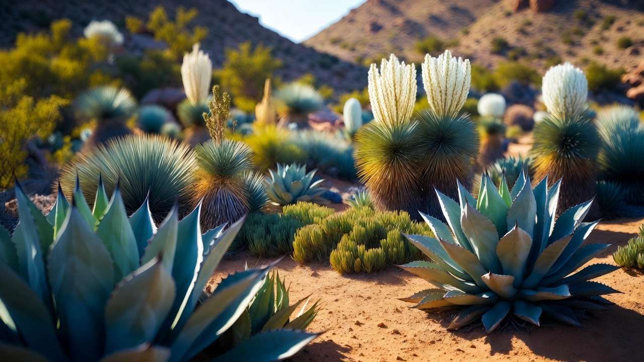 Striking agave, yucca, and sedum succulents thriving in extreme heat as low-water architectural plants