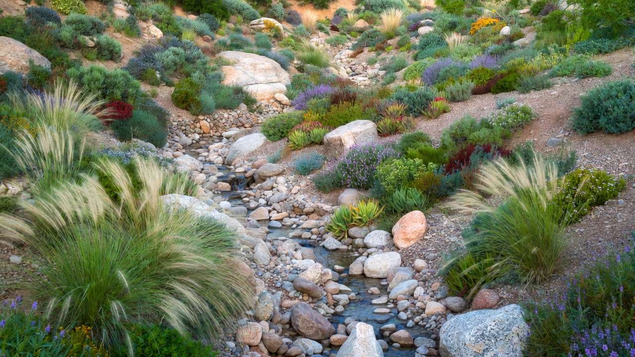 Sloped yard xeriscape design with dry creek bed, rocks, and layered native plants to prevent erosion