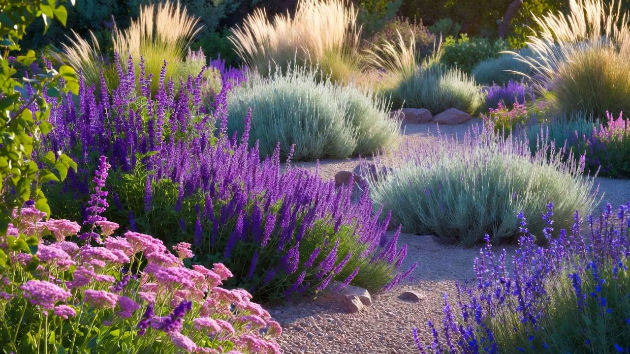 Mature thriving low-water garden with blooming Russian sage, yarrow, salvia and lavender in summer
