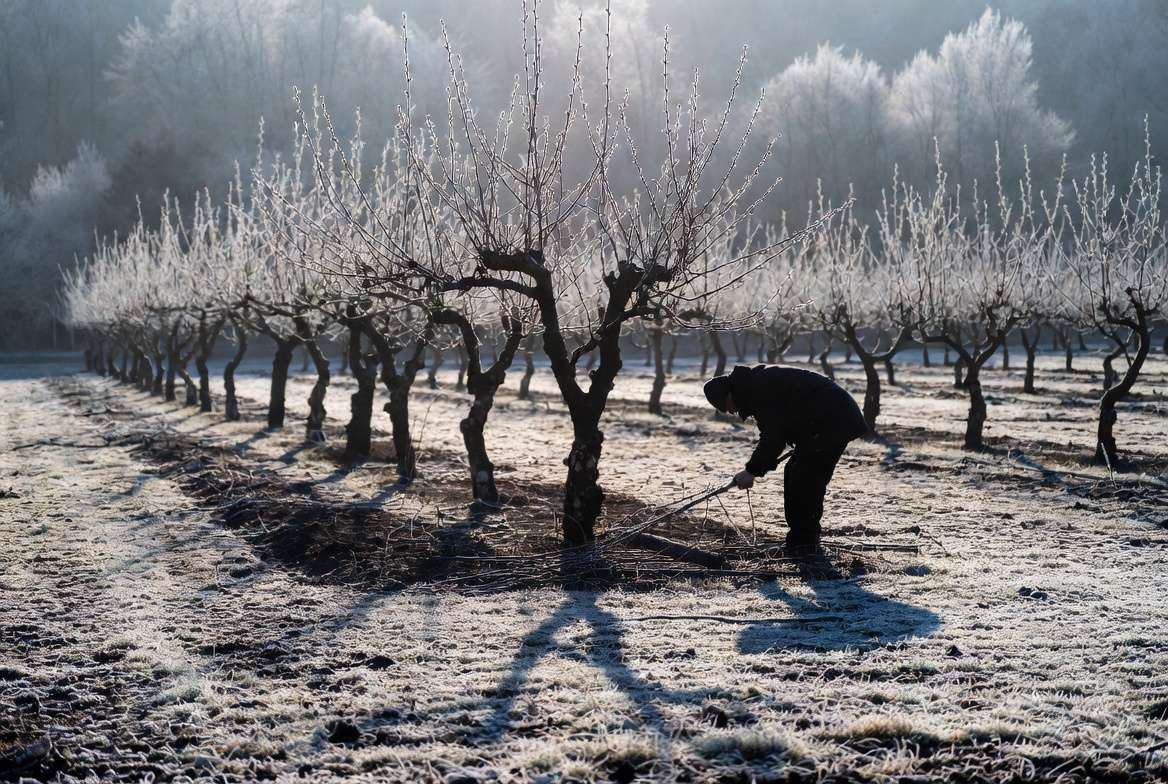 ollecting scion wood in winter in a dormant fruit tree orchard - advanced grafting preparation