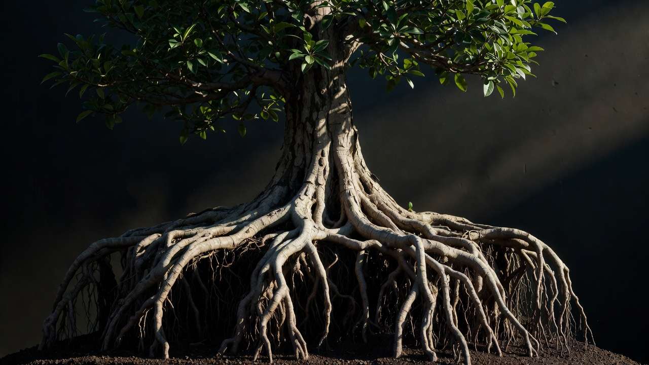 Stunning nebari surface root flare developed through consistent bonsai root pruning