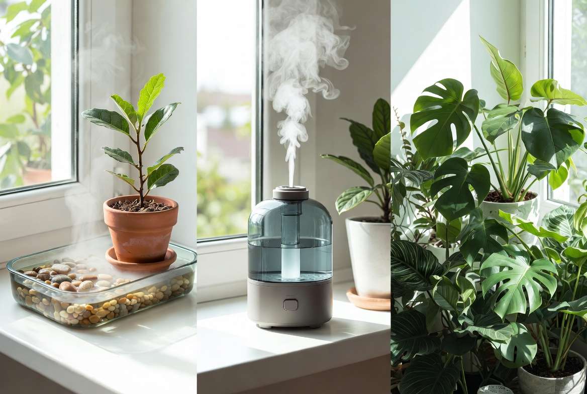Complementary methods like pebble trays and humidifiers for increasing humidity around houseplants