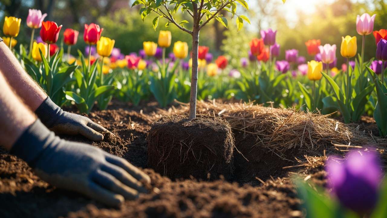 Planting a young tree in spring with proper mulching for busy homeowner garden success