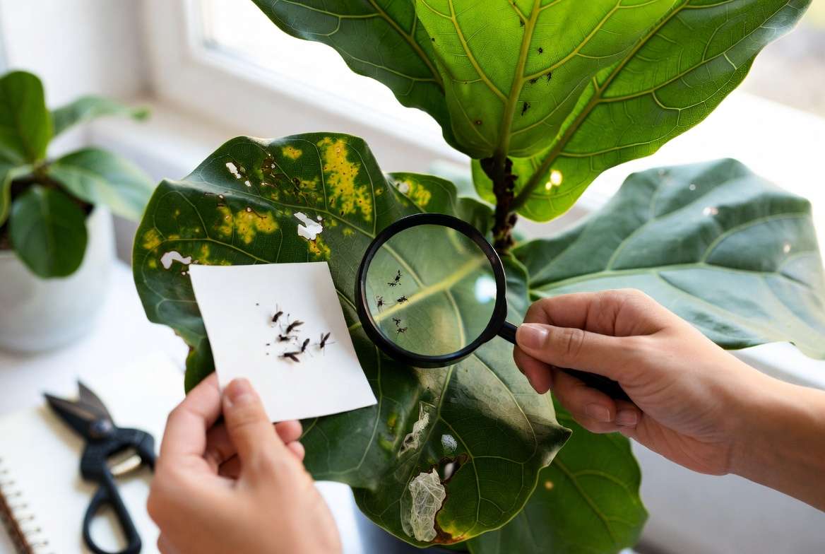 Plant inspection with magnifying glass during recovery process after pest infestation