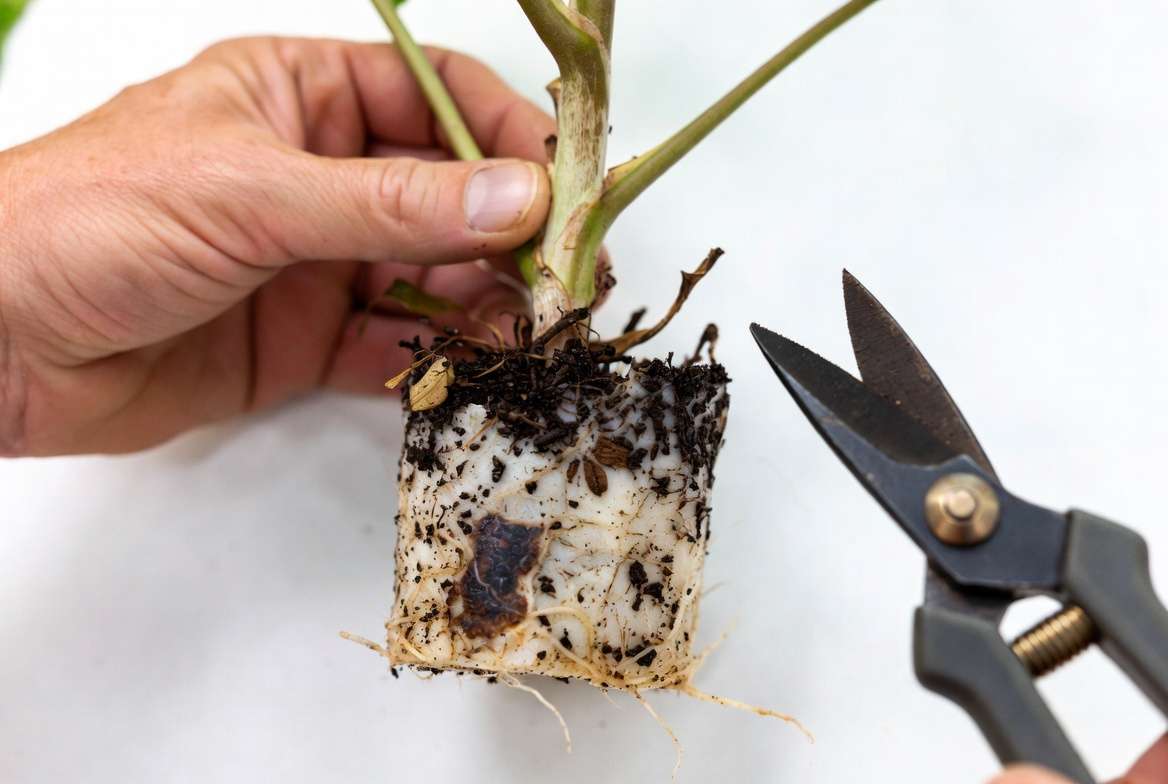 Inspecting roots of a defoliated plant to check for viability and root rot