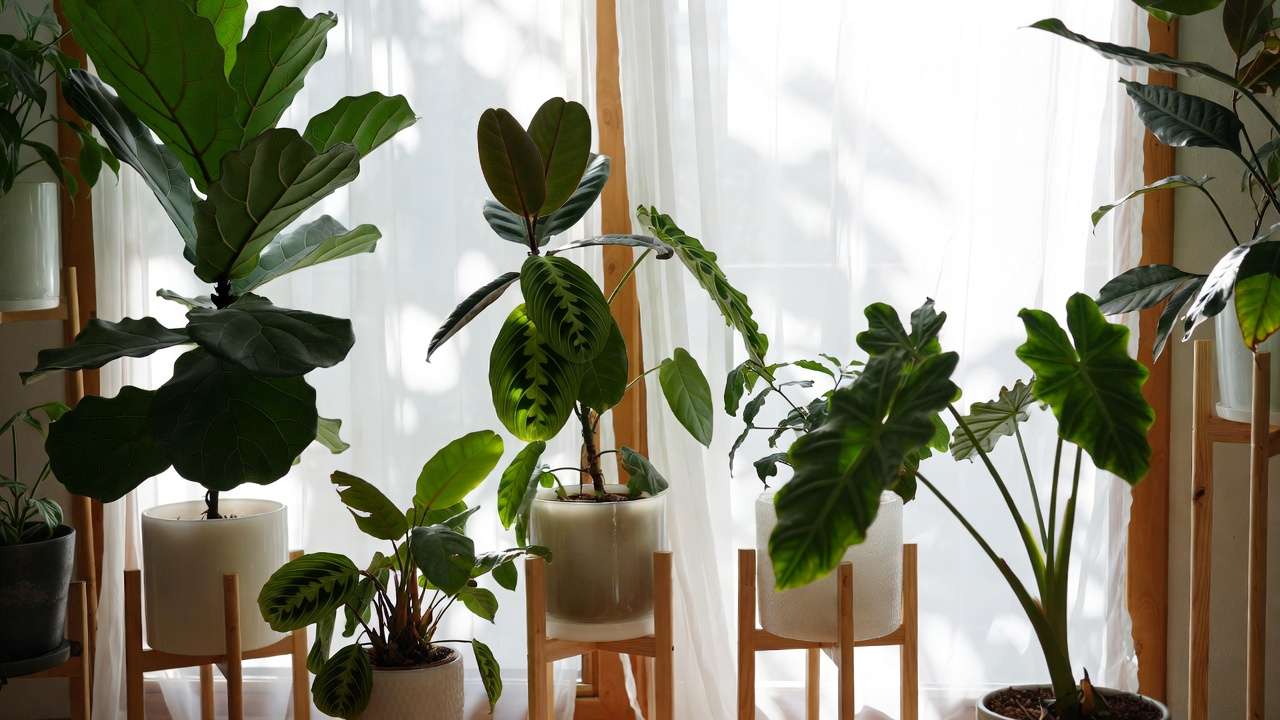 Assortment of popular houseplants like Monstera and fiddle leaf fig flourishing with sheer curtain filtered light