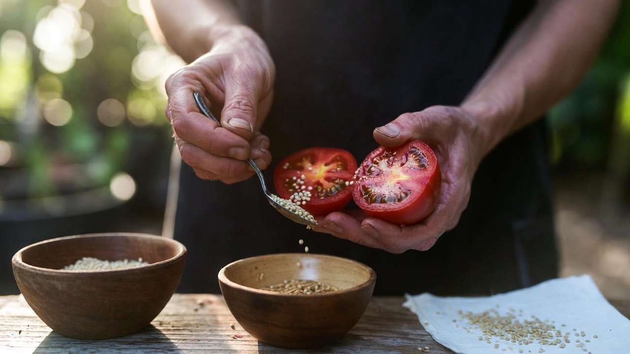 Saving seeds from ripe heirloom tomatoes for next year's garden in late summer