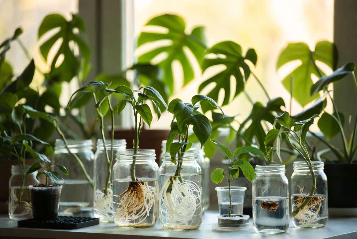 Beautiful propagation station with multiple healthy stem cuttings successfully rooting on a windowsill