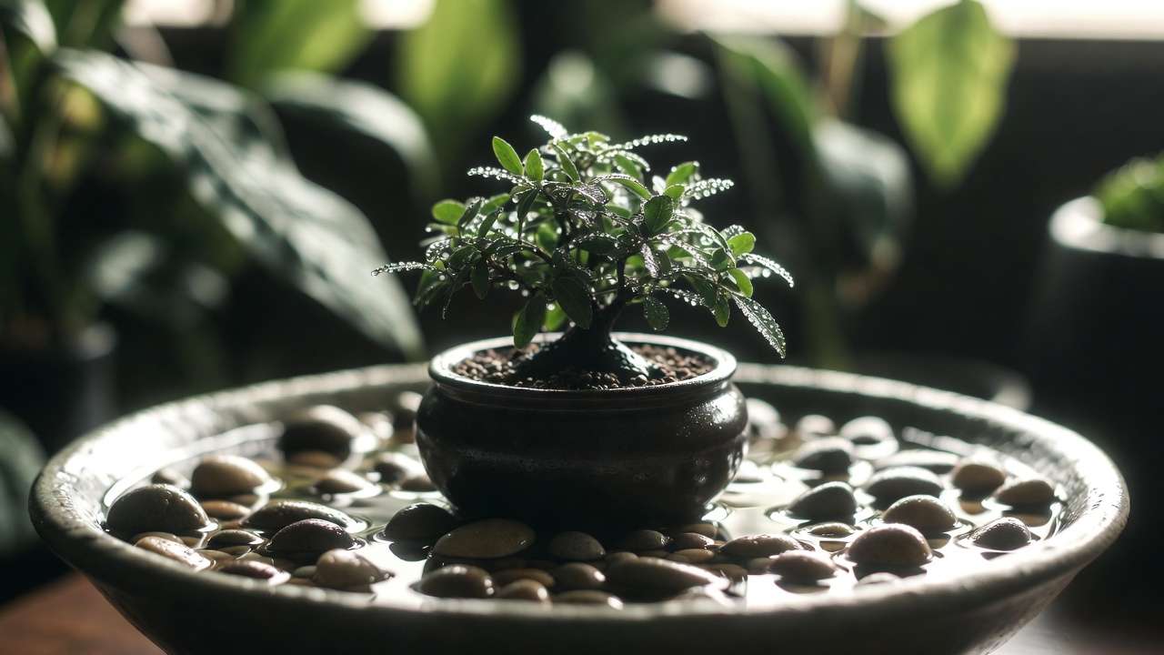 Pebble humidity tray setup elevating indoor bonsai pot to increase local humidity during vacation