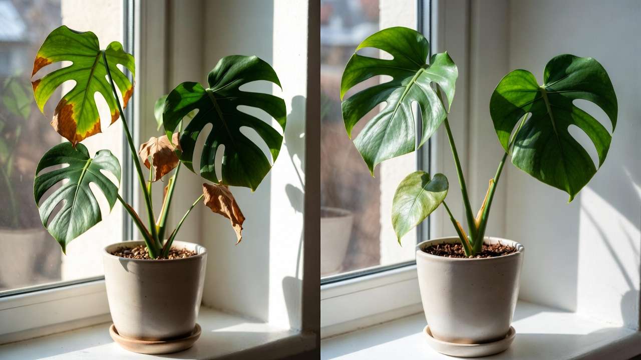 Brown tips on Monstera and other houseplants explained – before and after comparison