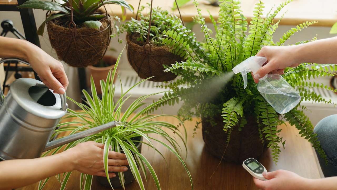 Hands caring for pet-safe houseplants: watering spider plant, misting Boston fern, using moisture meter, elevated hanging planters