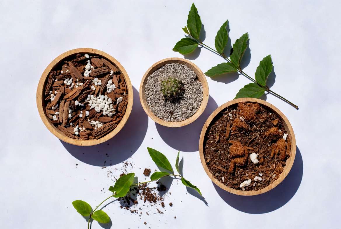 Different potting soil mixes for various plants during soil replacement process
