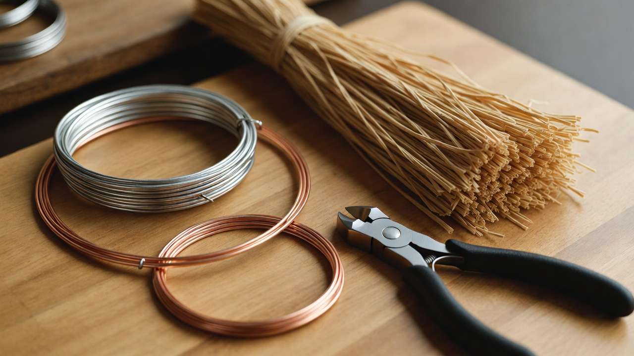 Bonsai wiring tools including aluminum and copper wire, raffia, pliers and concave cutters ready for scar-free application