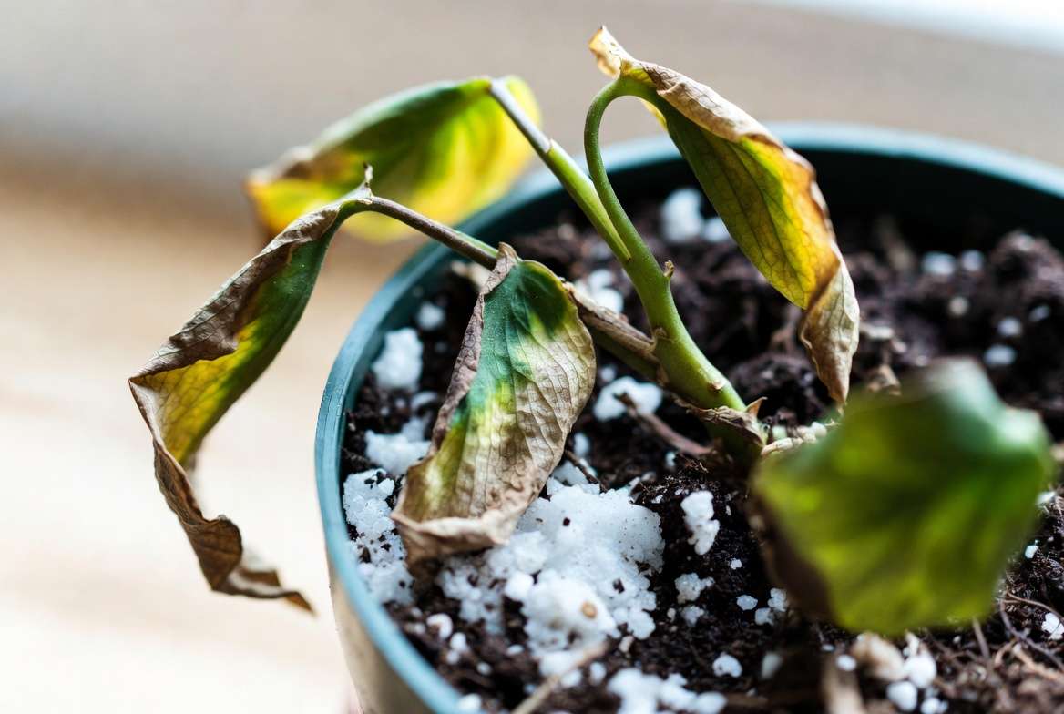 Overfertilized plant showing brown crispy leaf tips and white salt crust on soil