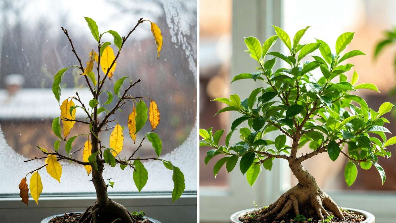 Stressed vs healthy Ficus bonsai — showing temperature stress recovery from drafts