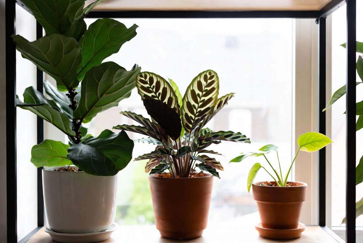 Common houseplants prone to iron deficiency including Fiddle Leaf Fig, Calathea, and Monstera