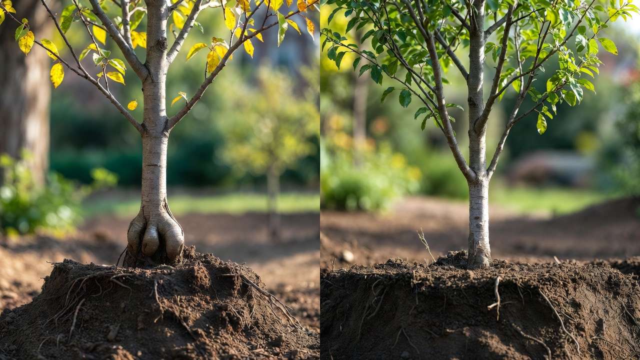 Comparison of incorrect deep planting versus correct root flare exposure for young trees