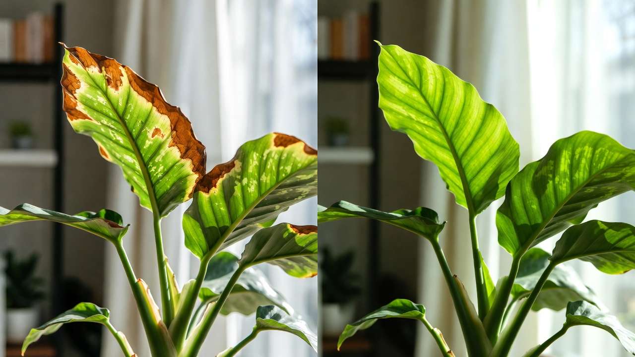 Before and after: scorched houseplant leaves from direct sun vs healthy leaves with sheer curtain filtered light
