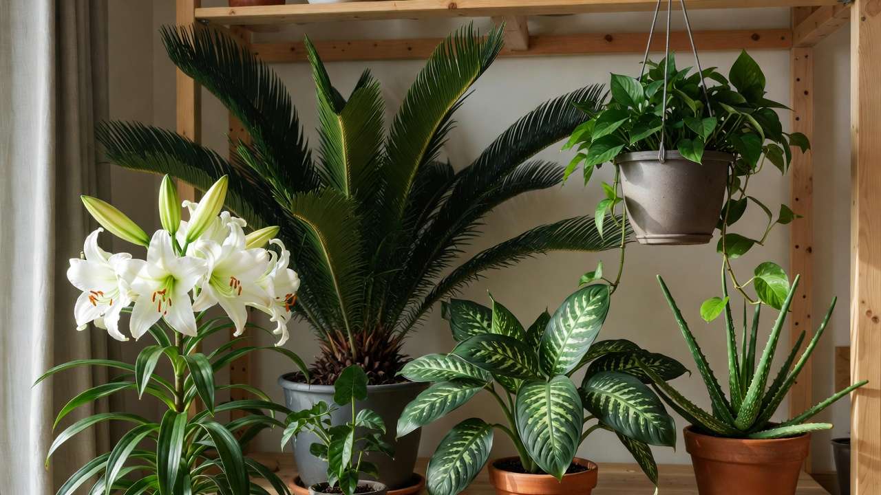 Common toxic houseplants to avoid for cats and dogs including lilies, sago palm, pothos, dieffenbachia, and aloe vera