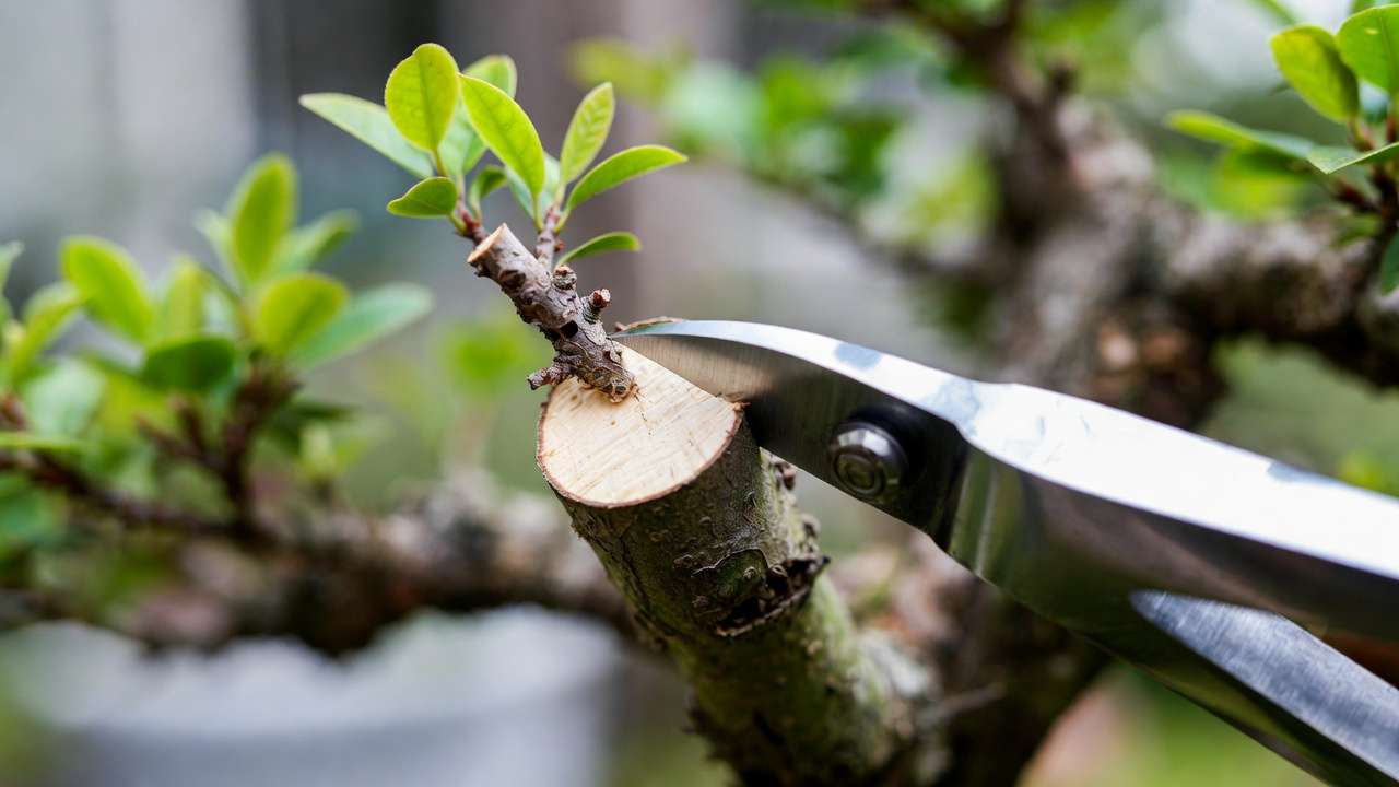 Concave branch cutter making a clean flush cut on bonsai branch, showing ideal healing cut for beginners
