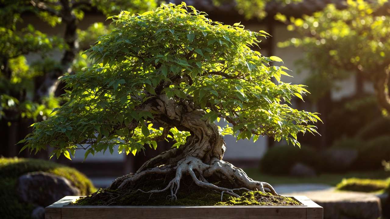 Show-quality bonsai with tiny refined leaves and perfect ramification in garden setting